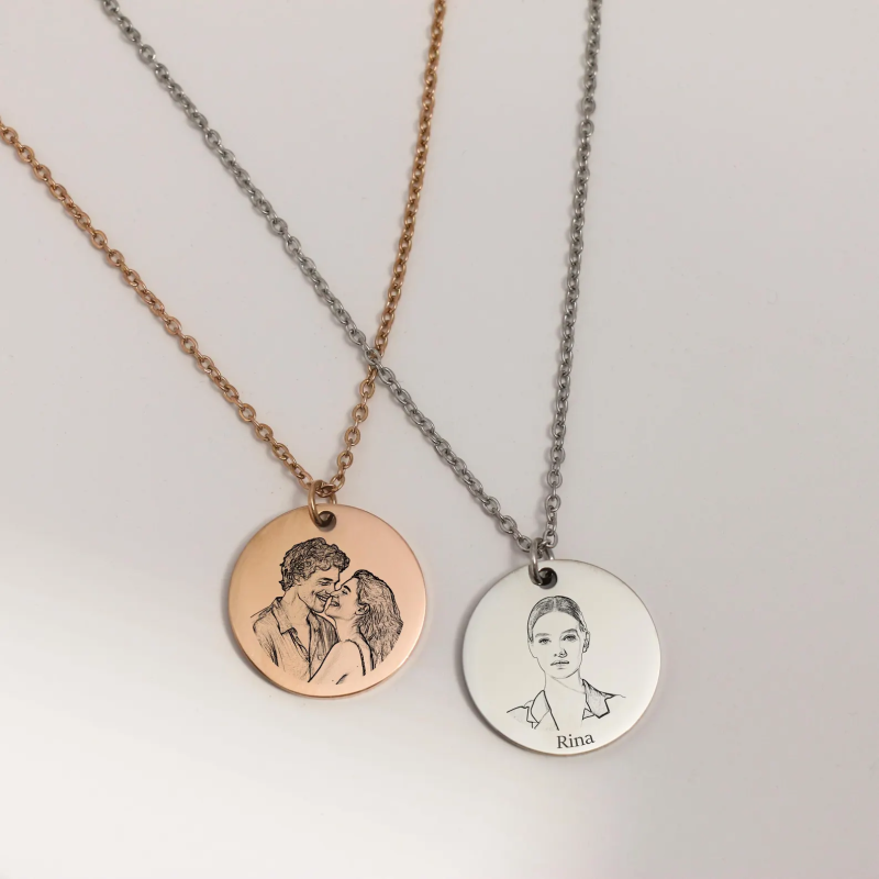 Customized Photo Stainless Steel Engraved Round Pendant Necklace - 图片 7