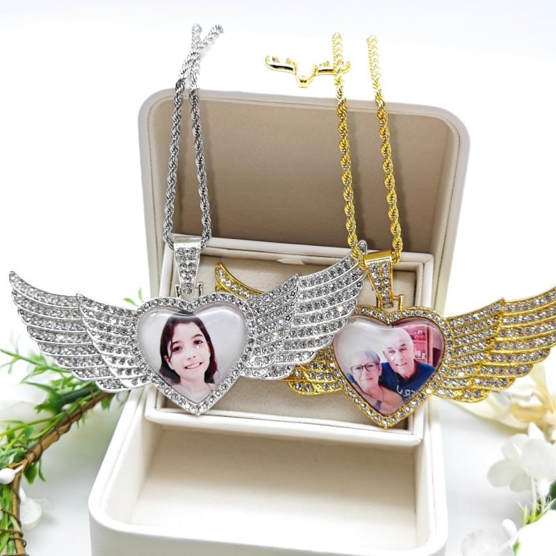 Customized heart-shaped photo wing pendant necklace - 图片 2