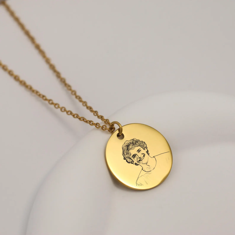 Customized Photo Stainless Steel Engraved Round Pendant Necklace - 图片 4