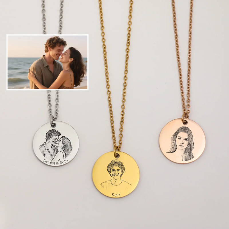 Customized Photo Stainless Steel Engraved Round Pendant Necklace