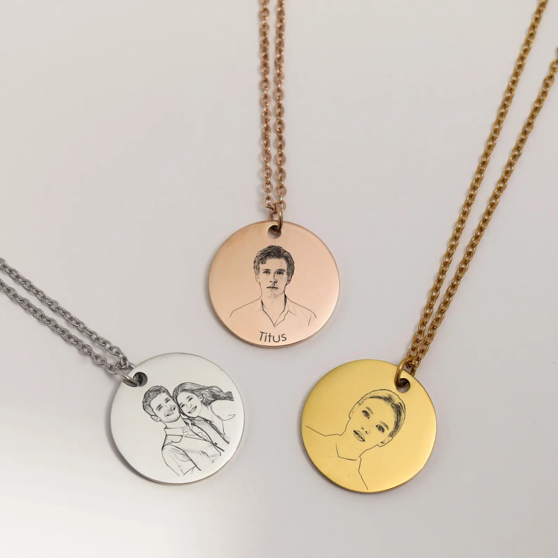 Customized Photo Stainless Steel Engraved Round Pendant Necklace - 图片 2